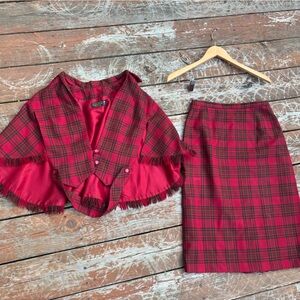 Fall suit, Plaid Red  Skirt and Cape Set, Tartan, Virgin Wool, Vintage Scottish